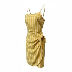 Woven Golden Yellow and Cream Striped Mini Wrap Dress Size M NWT